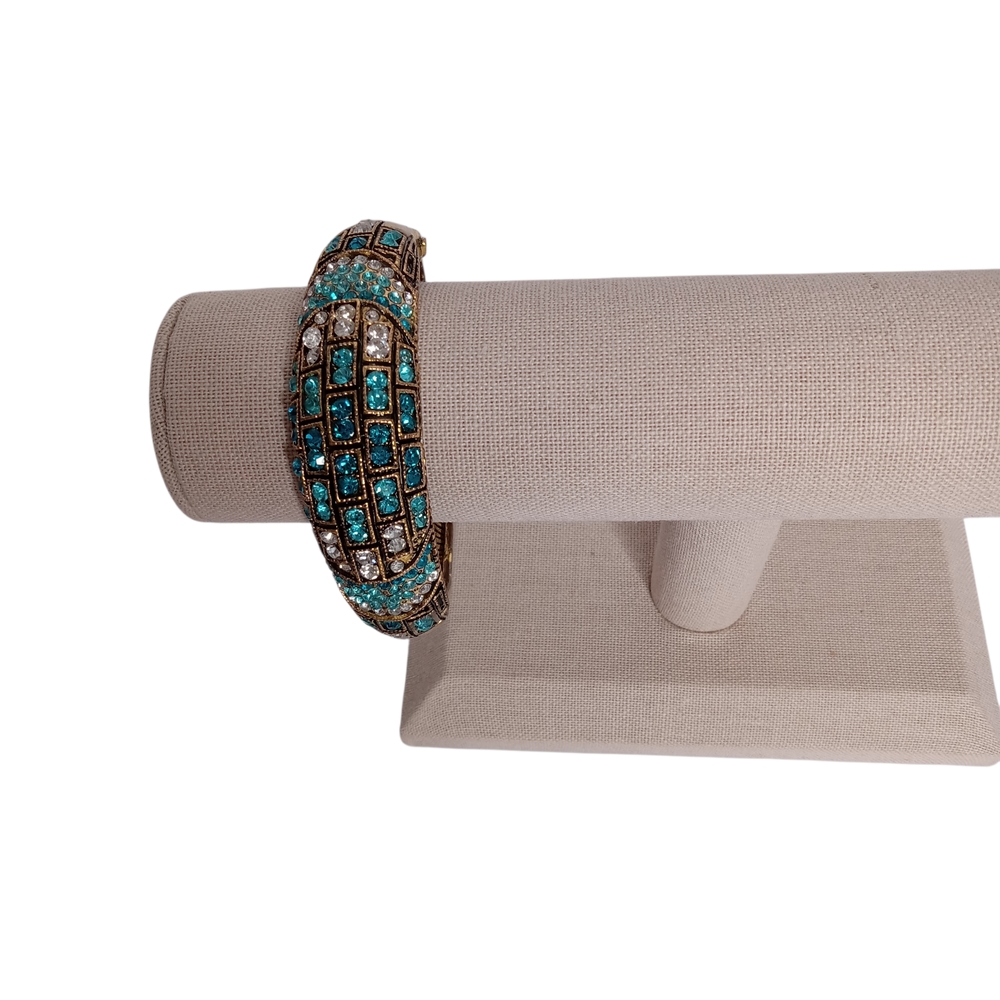 Gold and Blue Mosaic Women's Bracelet Has Aqua And‎ Clear Rhinestones HINGED - Picture 2 of 5